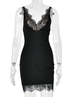 Lace Trim Deep V-neck Sleeveless Bodycon Mini&Short Dresses