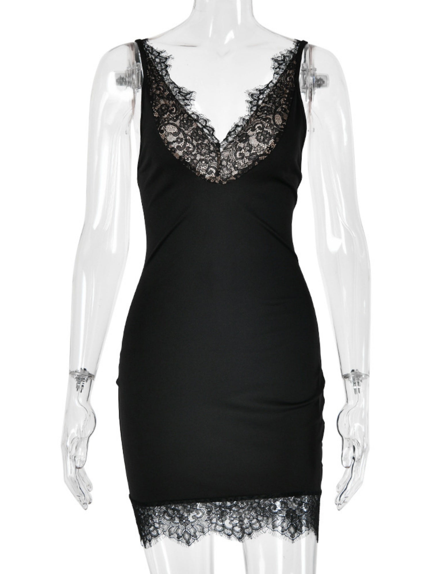 Lace Trim Deep V-neck Sleeveless Bodycon Mini&Short Dresses