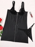 Patent Leather Lace Patchwork Zipper Mini&Short Dresses