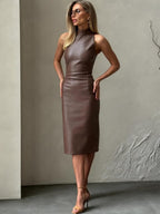 PU Leather Stand Collar, Elegant, Slit Sleeveless Midi Dresses