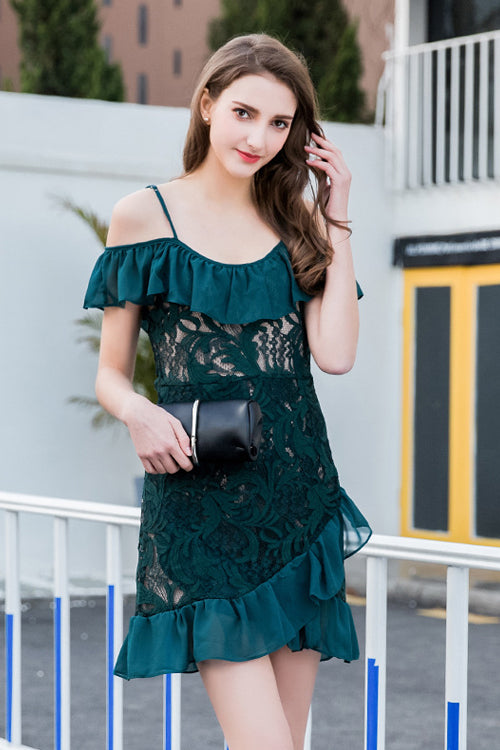 Cold Shoulder Floral Lace Spaghetti Strap Chiffon Ruffle Tiered Hem Wrap Mini Dress