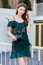 Cold Shoulder Floral Lace Spaghetti Strap Chiffon Ruffle Tiered Hem Wrap Mini Dress