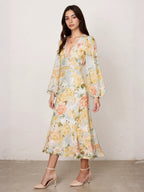 Floral Print Long-Sleeved Bodycon Slim Fit Long Dress