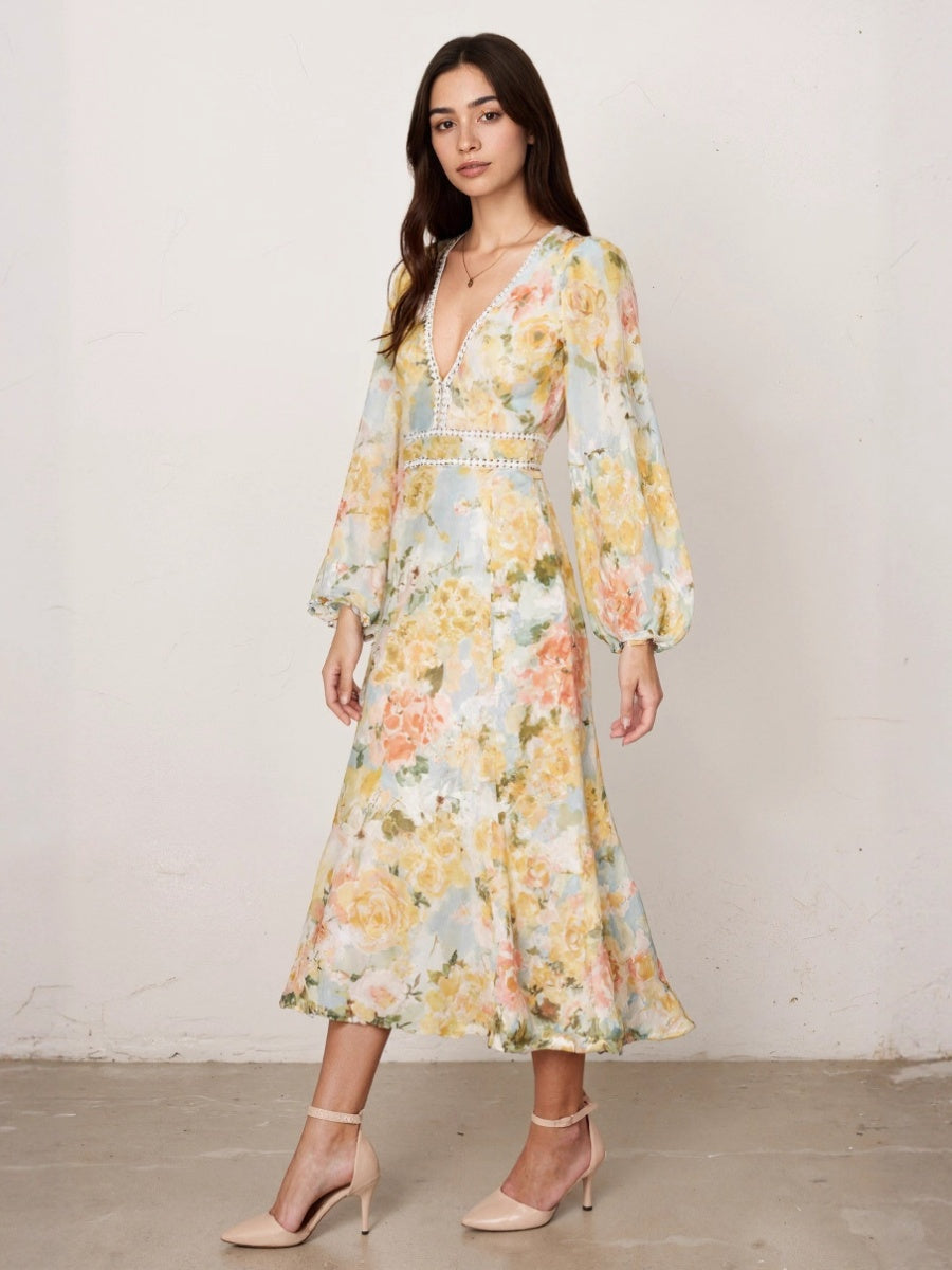 Floral Print Long-Sleeved Bodycon Slim Fit Long Dress
