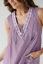 Embroidered V-Neck Tie Drawstring Lace Trim Pocket Chambray Mini Dress