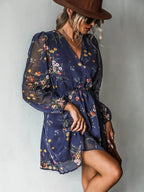 Printed Chiffon V-neck Sheer Long Sleeves Mini&Short Dresses