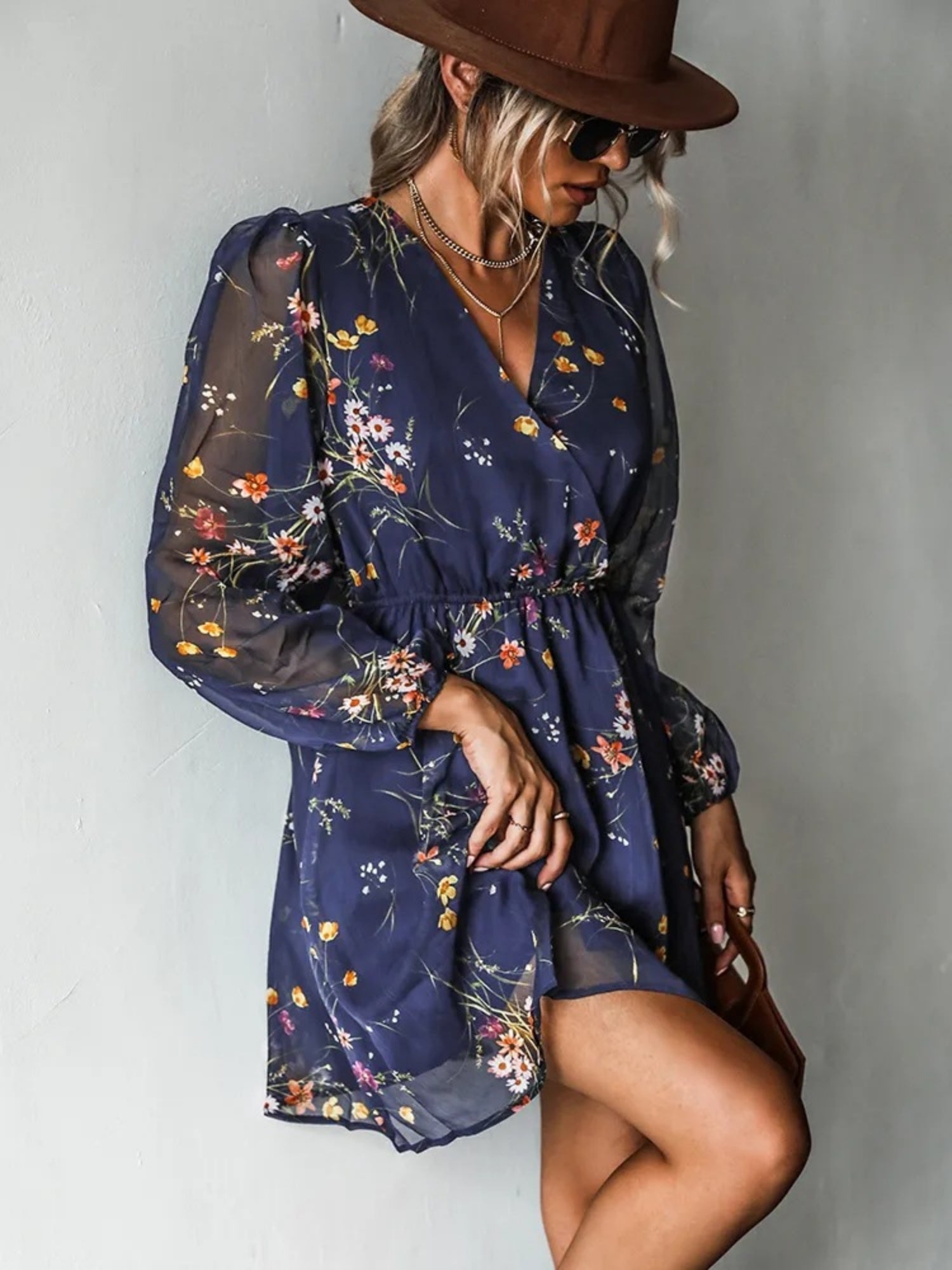Printed Chiffon V-neck Sheer Long Sleeves Mini&Short Dresses