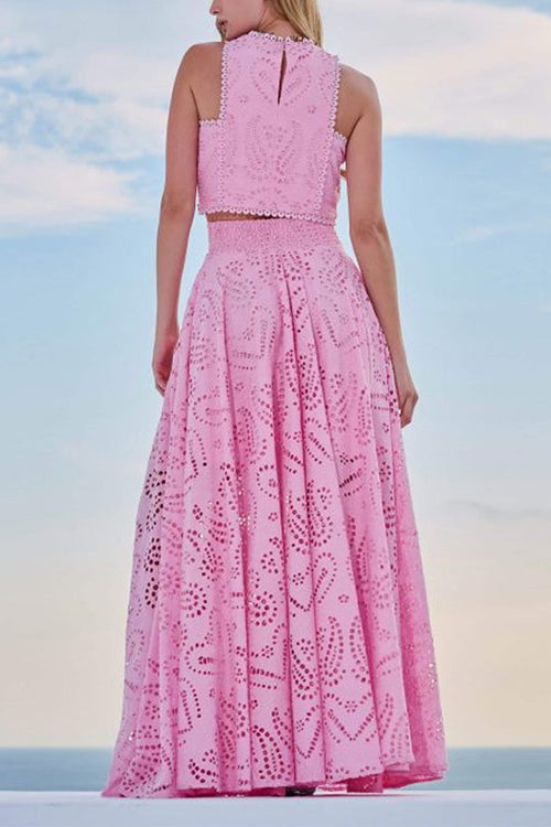Lace Hollow Out Crewneck Crop Tank Top High Waist Maxi Swing Skirt Set