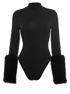 Fur Trim On Cuffs Solid Color Bodysuit