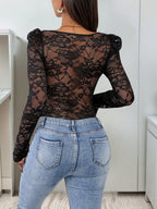 Openwork Lace Trim Spliced Square Neck Tight-fitting Long Sleeves Bodysuits