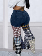 Houndstooth Pattern Flared Pants Ruffle Jeans