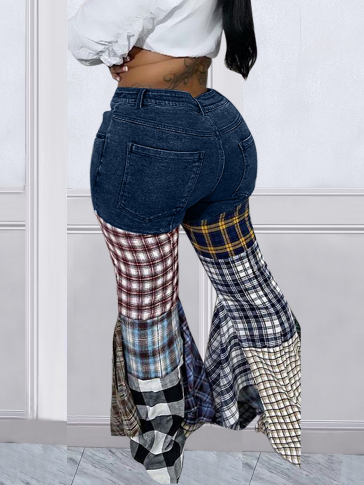 Houndstooth Pattern Flared Pants Ruffle Jeans