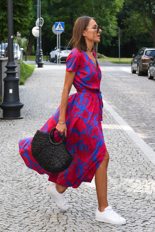Short Sleeve V-Neck Floral Print Wrap Tie Waist Slit Maxi Dress