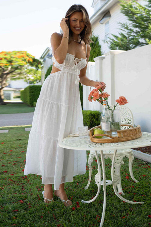 Spaghetti Strap Keyhole Bust Side Waist Cut Out Tiered Maxi Dress