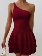 Slanted Shoulder Neck Backless Ruffle Mini&Short Dresses
