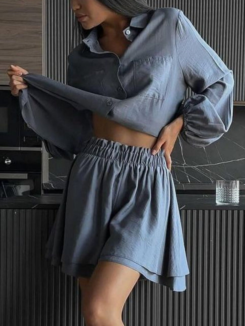 Long-sleeved Top Ruffled Shorts 2-piece Sets