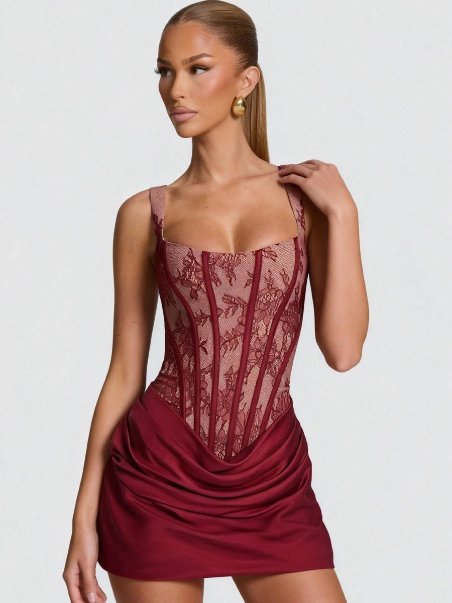 Lace Floral Gathering Waist Corset Formal Dress Mini&Short Dresses