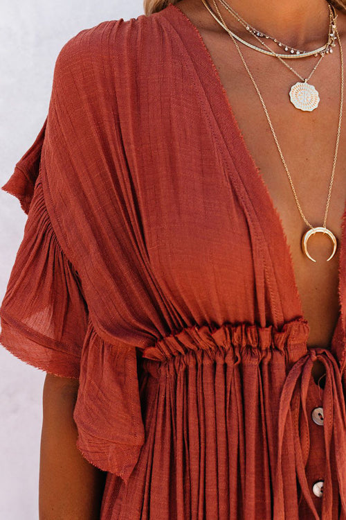 Plunging V-Neck Flutter Sleeve Tie Front Button Pocket Maxi Dress