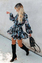 Floral Print V-Neck Button-Front Drawstring Waist Ruffle Hem Mini Dress