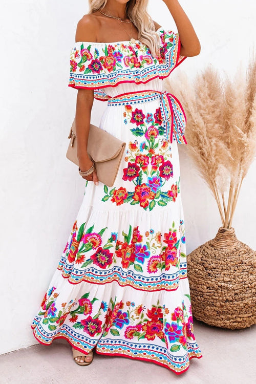 Off Shoulder Ruffle Bardot Tiered Sash Tie Tropical Floral Maxi Dress