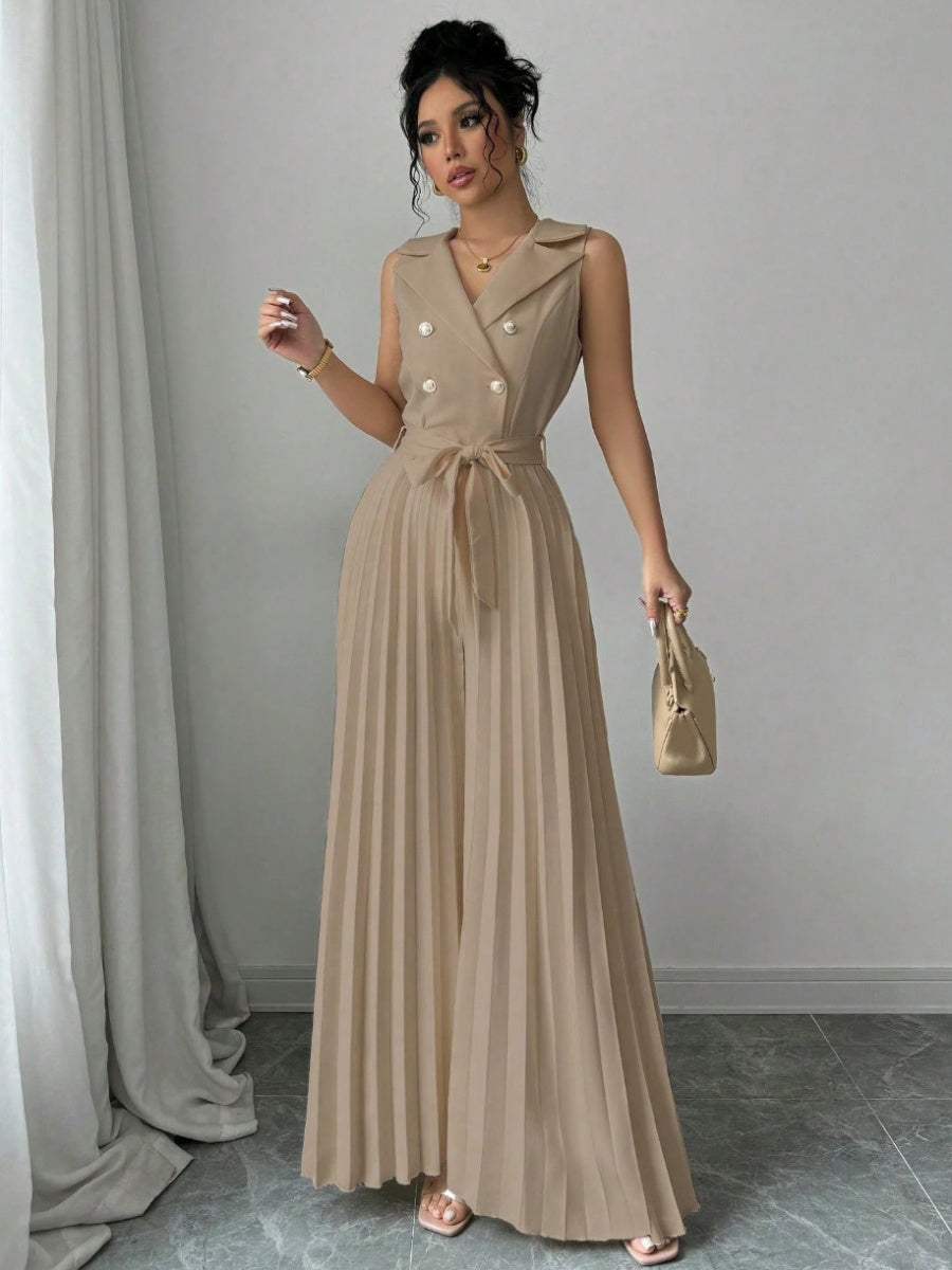 Commuting Suit Collar Pleated Pants Double-breasted Jumpsuits