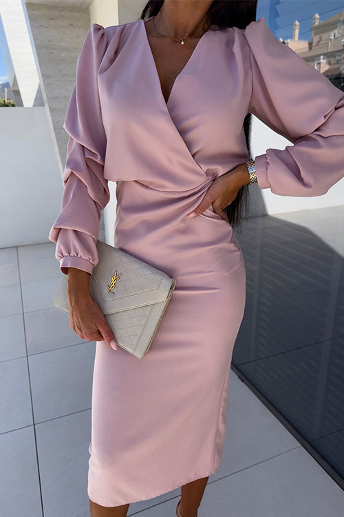 Wrap V Neck Long Sleeves Bodycon Midi Dress