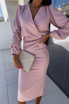 Wrap V Neck Long Sleeves Bodycon Midi Dress
