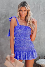 Floral Print Smocked Tie Shoulder Ruffle Hem Mini Dress