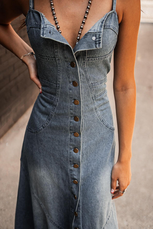 Denim Spaghetti Strap Button Front Pocket High Split Maxi Dress