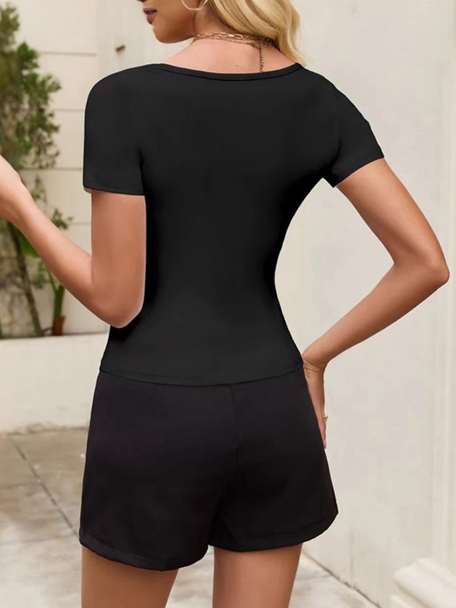 Lace Trim With Chest Cotton Bow Square Neck Short-sleeved T-shirt