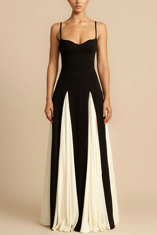 Spaghetti Strap Sweetheart Corset Bodice Pleated Godet Panel Maxi Dress
