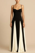 Spaghetti Strap Sweetheart Corset Bodice Pleated Godet Panel Maxi Dress