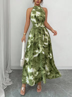Printed Halter Sleeveless Vacation And Leisure Maxi Dresses