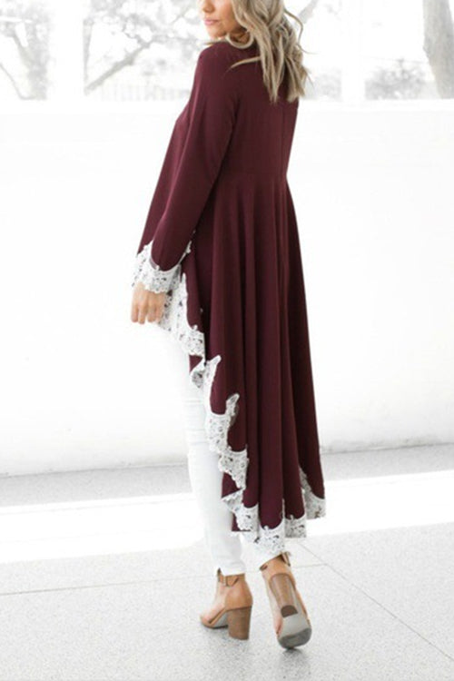 Long Sleeves High Low Hem Lace Trim Blouse Top