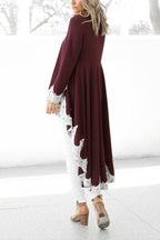 Long Sleeves High Low Hem Lace Trim Blouse Top