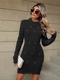 Knitting Crew Neck Jacquard Long Sleeve Mini&Short Dresses