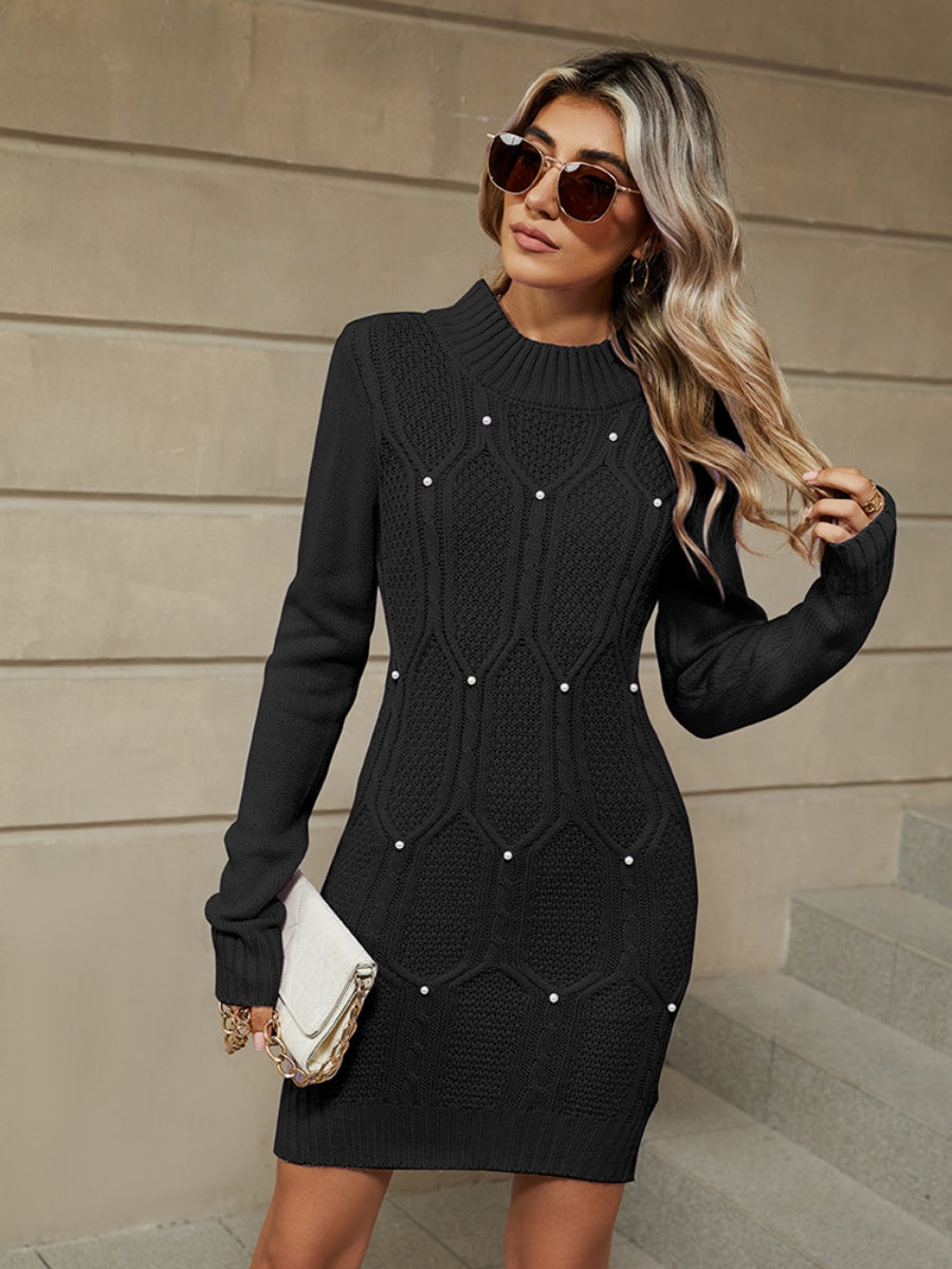 Knitting Crew Neck Jacquard Long Sleeve Mini&Short Dresses