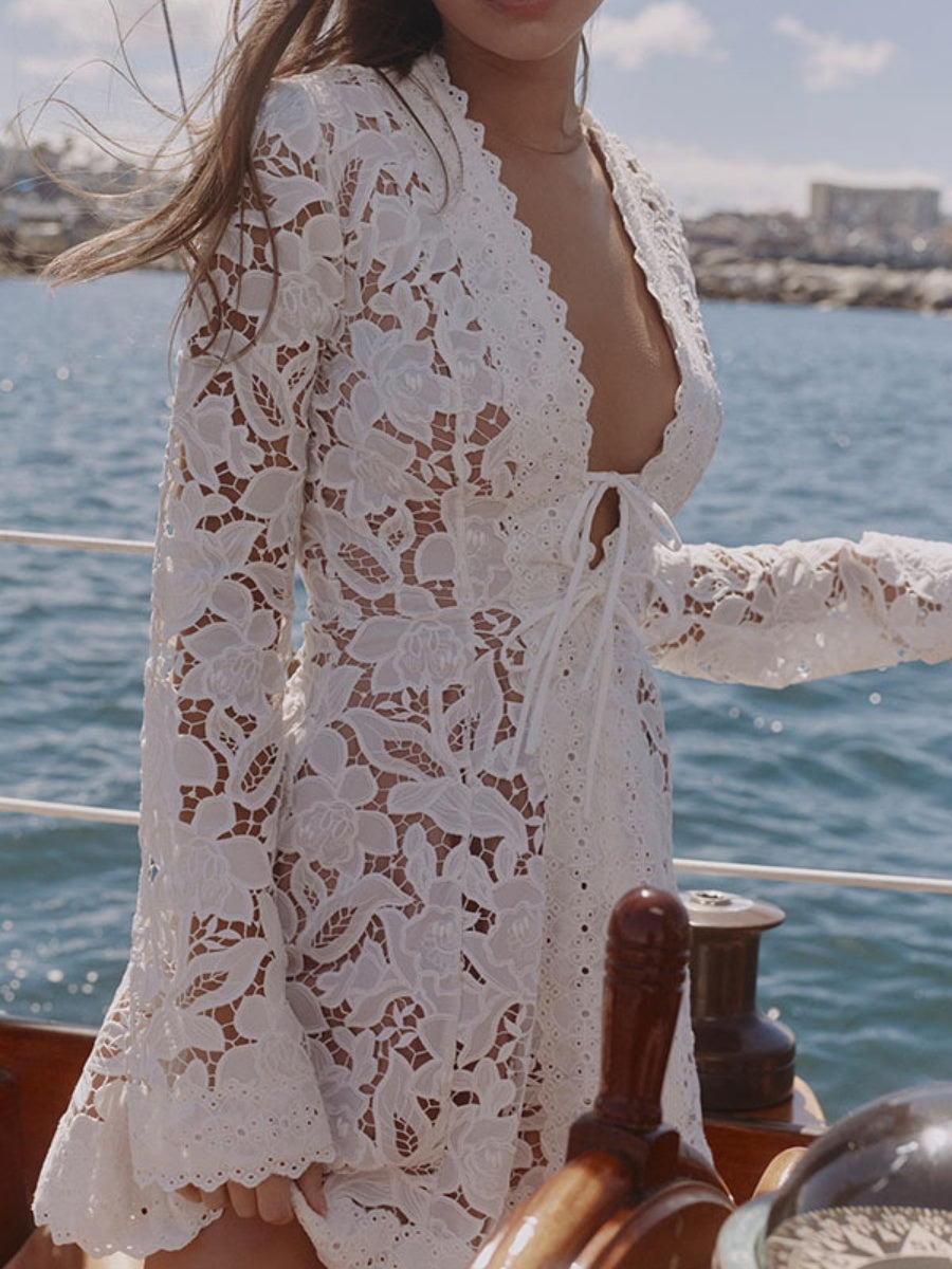Openwork Lace V-neck Bandage Temperament Smock Mini&Short Dresses