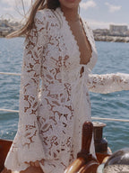 Openwork Lace V-neck Bandage Temperament Smock Mini&Short Dresses