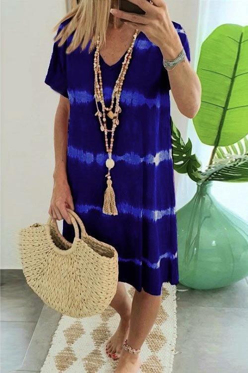 V Neck Short Sleeve Tie Dye Stripes T-shirt Dress