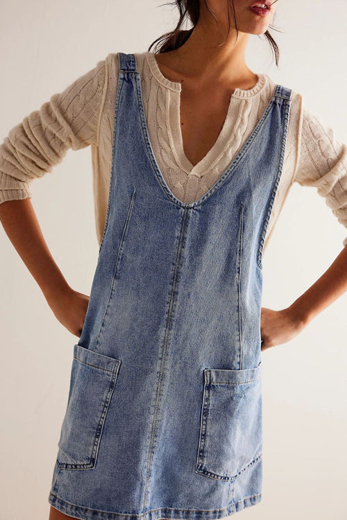 Deep V-Neck Patch Pocket Denim Pinafore Shift Mini Dress