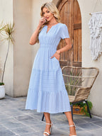 V-neck, Gathered, Puff Sleeve, Full Skirt, Short-sleeved Long Dress