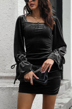 Velvet Square Neck Ruched Drawstring Cuff Balloon Sleeve Mini Dress
