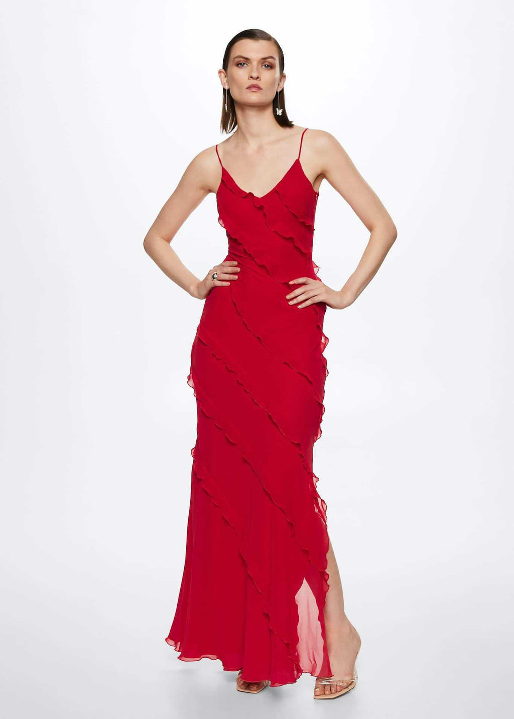 V-neck Ruffle Slit Maxi Dresses