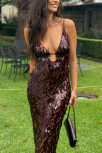 V Neck Cut Out Sequin Bodycon Maxi Cami Party Dress