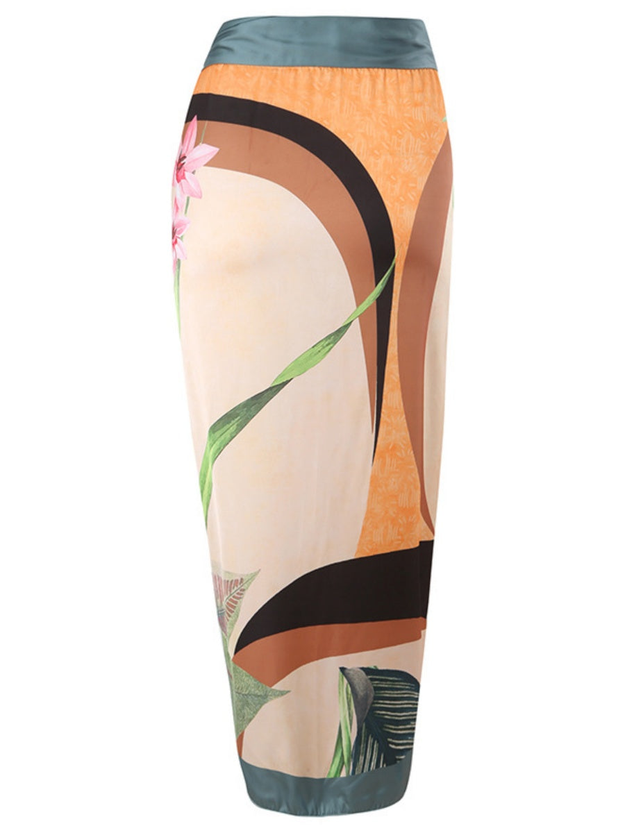 One-piece Swimsuit With Cross-over Print, Revealing Backpack And Hip-revealing Long Skirt (two-piece Set)