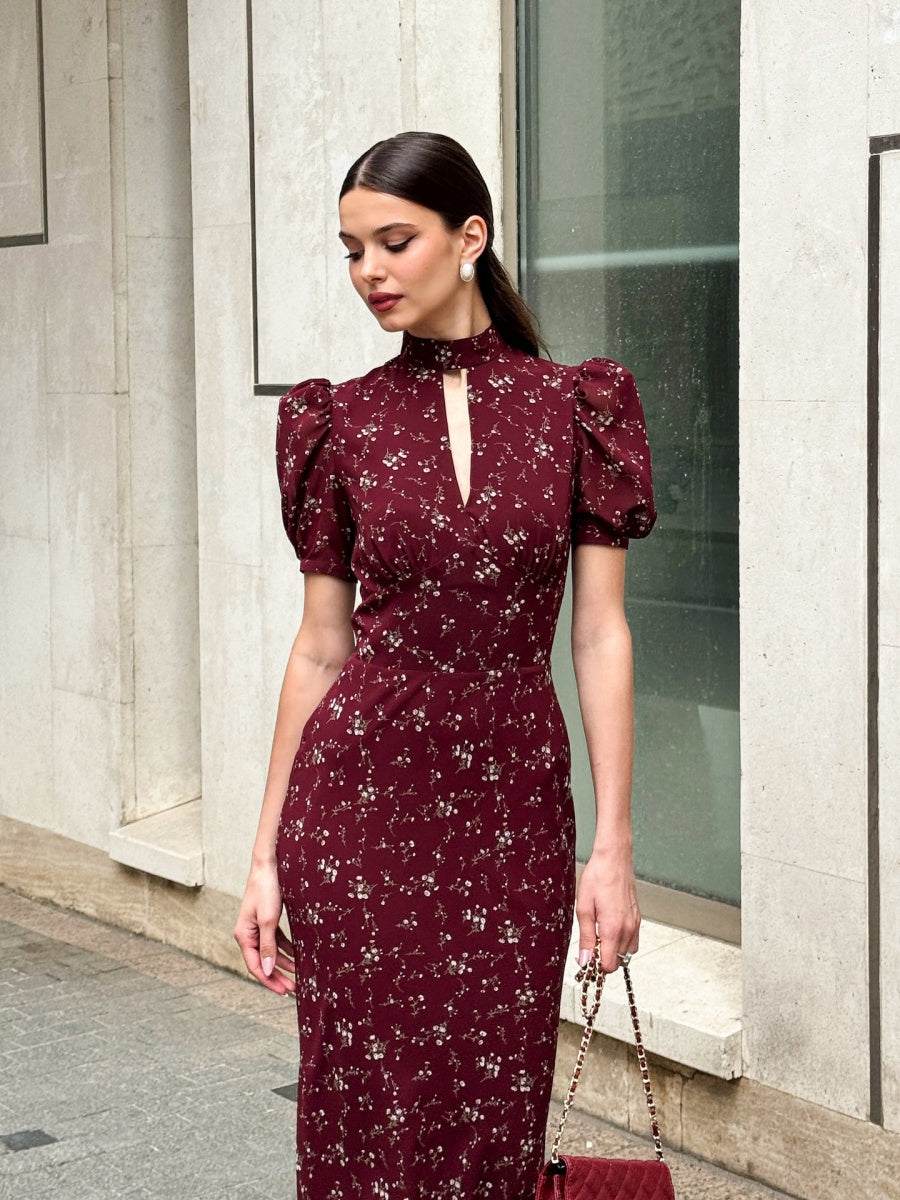 V-neck Temperament Floral Puff Sleeve Maxi Dresses