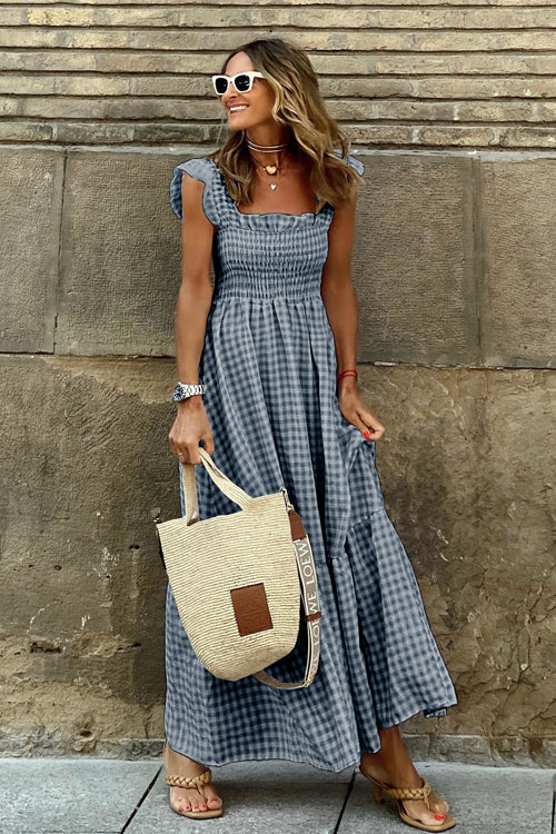 Gingham Check Smocked Square Neck Tiered Ruffle Spaghetti Strap Maxi Dress