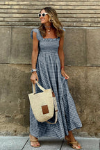 Gingham Check Smocked Square Neck Tiered Ruffle Spaghetti Strap Maxi Dress