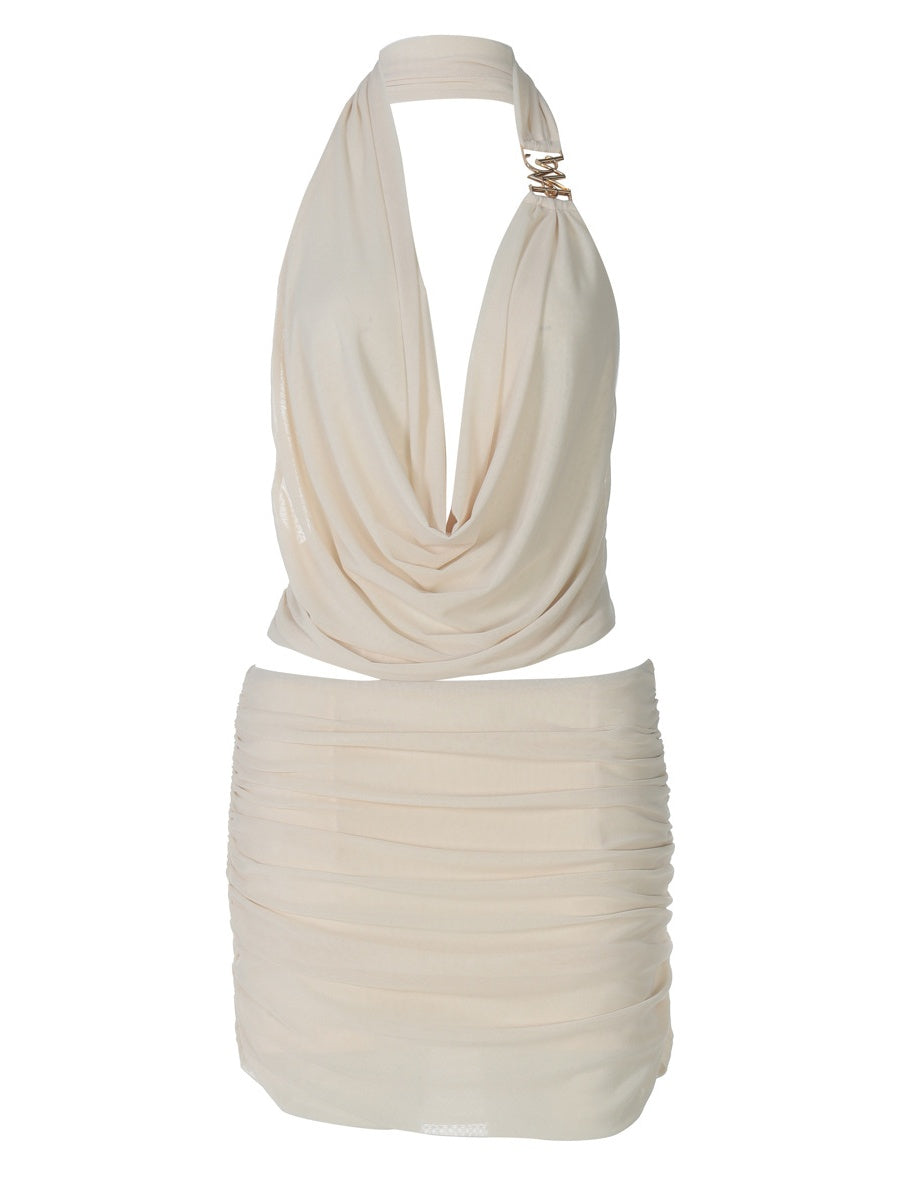 Hollow-out Deep V-neck Spliced Mesh Short Top And Slim-fit See-through Bodycon Skirt Set
